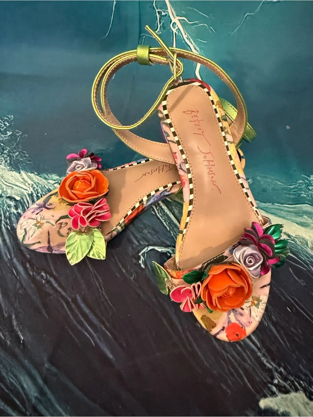 Betsey Johnson Green Ankle-Strap Sandals with Multicolor Floral Accents